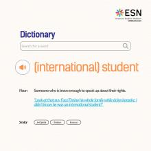 A stylized definition of an International Student. It reads "Someone who is brave enough to speak up about their rights"